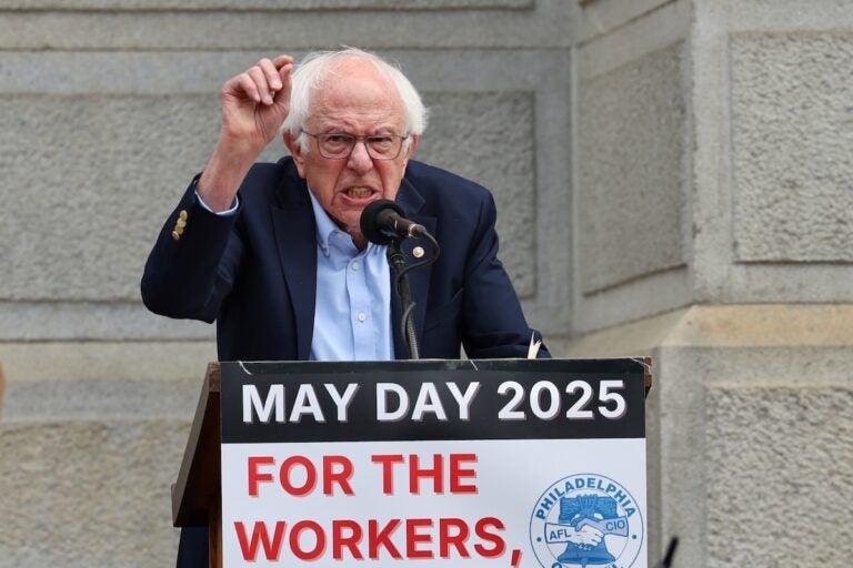 Bernie Sanders speaks at a May Day rally at Philadelphia City Hall