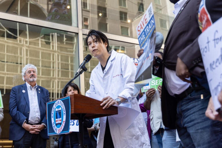 Dr. Spenser Chen at rally outside SEPTA headquarters