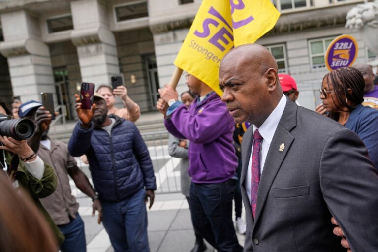 ras-baraka-2025-05-15 Mayor Ras Baraka arrives to speak to supporters and media after a court appearance in Newark
