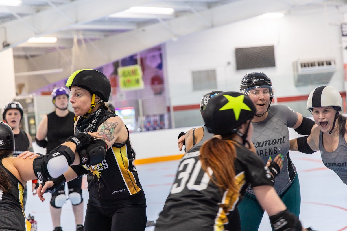 Bux-Mont Roller Derby practice in Hatfield, Pa. (Kimberly Paynter/WHYY) Roller Derby players practice in Hatfield