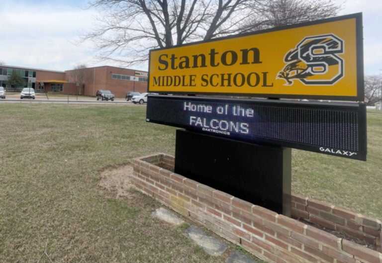 stanton-middle-school-delaware-file-tasha-oliver a sign for Stanton Middle School