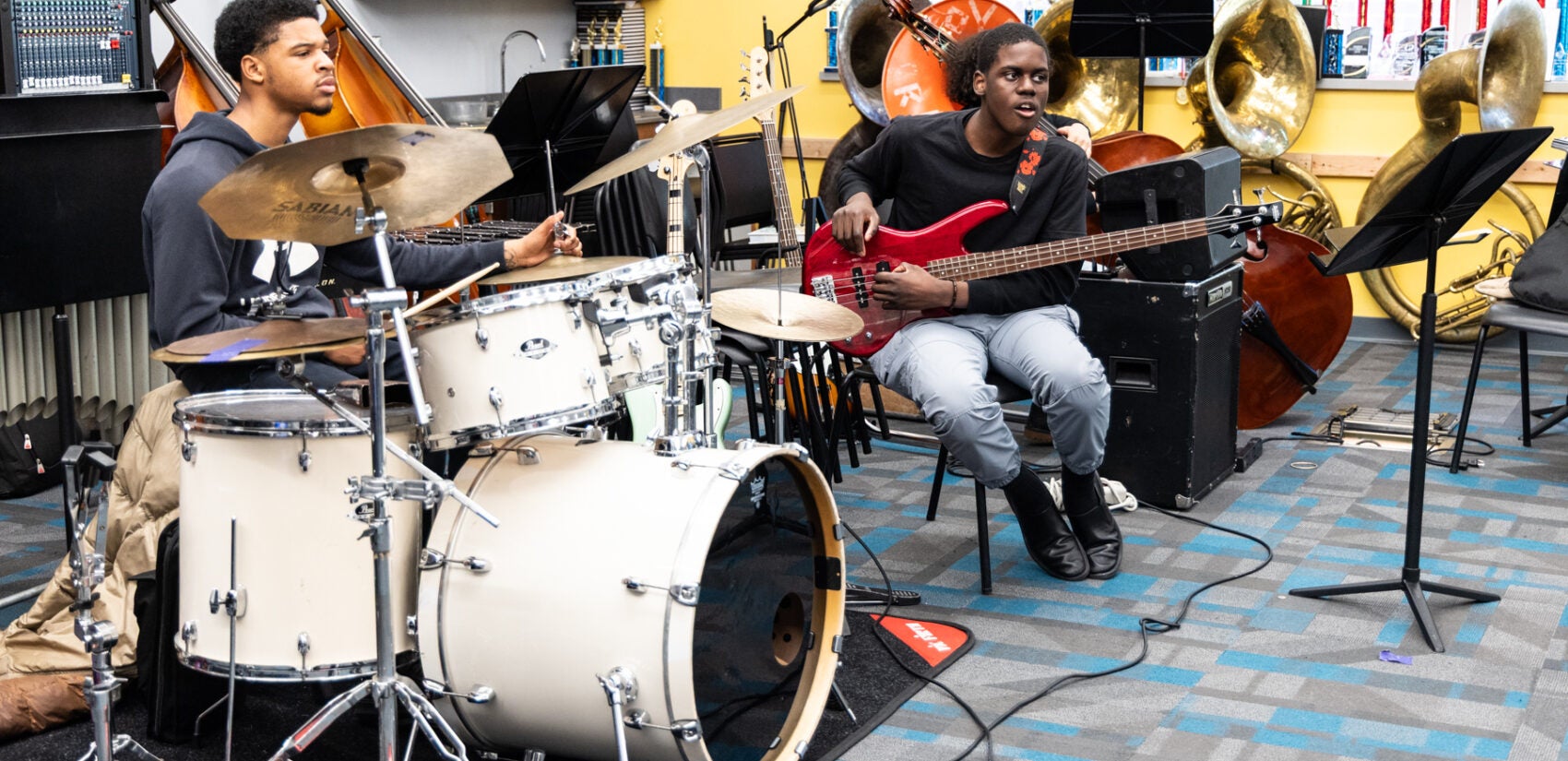 05 22 2025 k paynter camden creative arts high school jazz_-3 Two students rehearsing music at Creative Arts High School