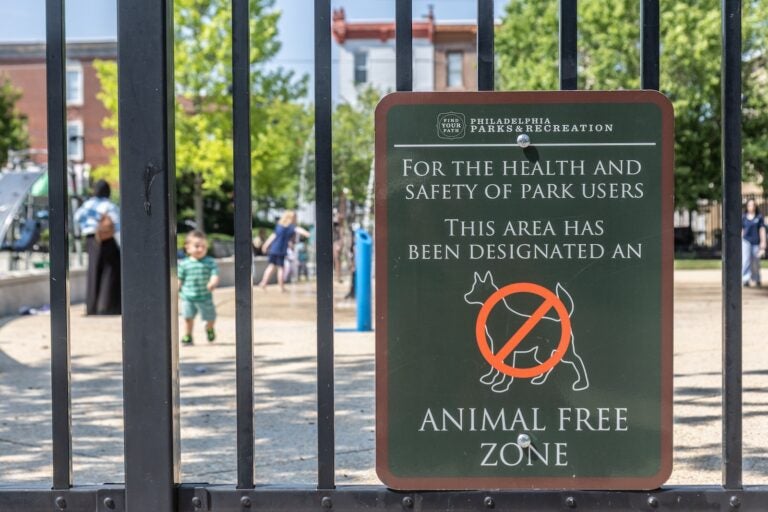06 05 2025 k paynter animal free zone disilvestro playground south philly-2 A sign indicating ''animal-free zone'' at DiSilvestro Playground in South Philadelphia