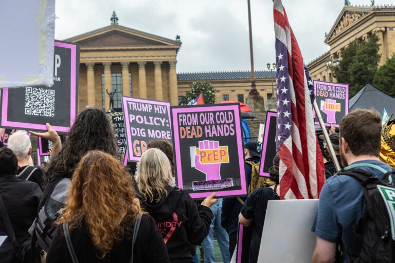 Protesters demanded access to healthcare at the Philadelphia Museum of Art during the No Kings protest on June 16, 2024. (Kimberly Paynter/WHYY)