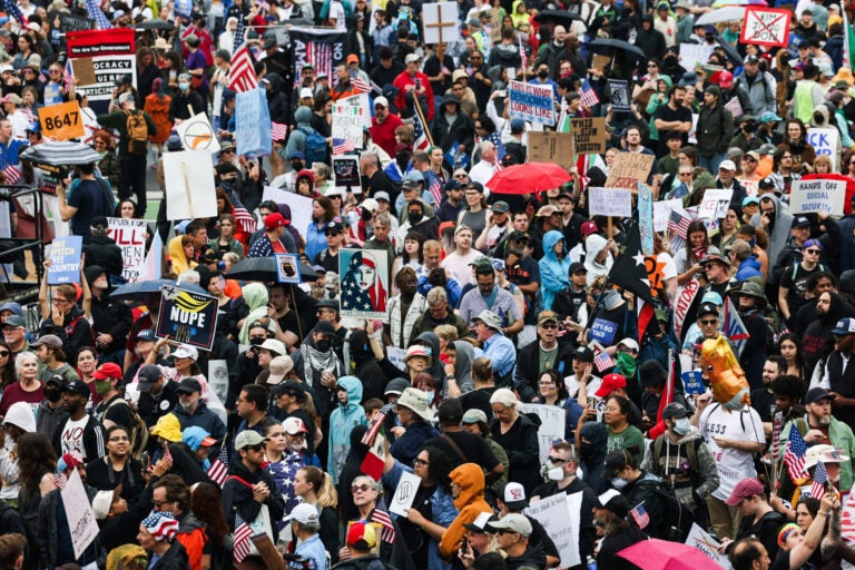 Protesters with the No Kings rally listen to speakers at the Philadelphia Museum of Art on June 14, 2025.