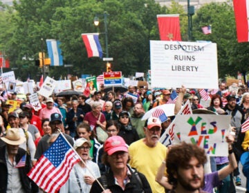 Protesters marched toward the Philadelphia Museum of Art during the No Kings event on June 14, 2025. (Kimberly Paynter/WHYY)
