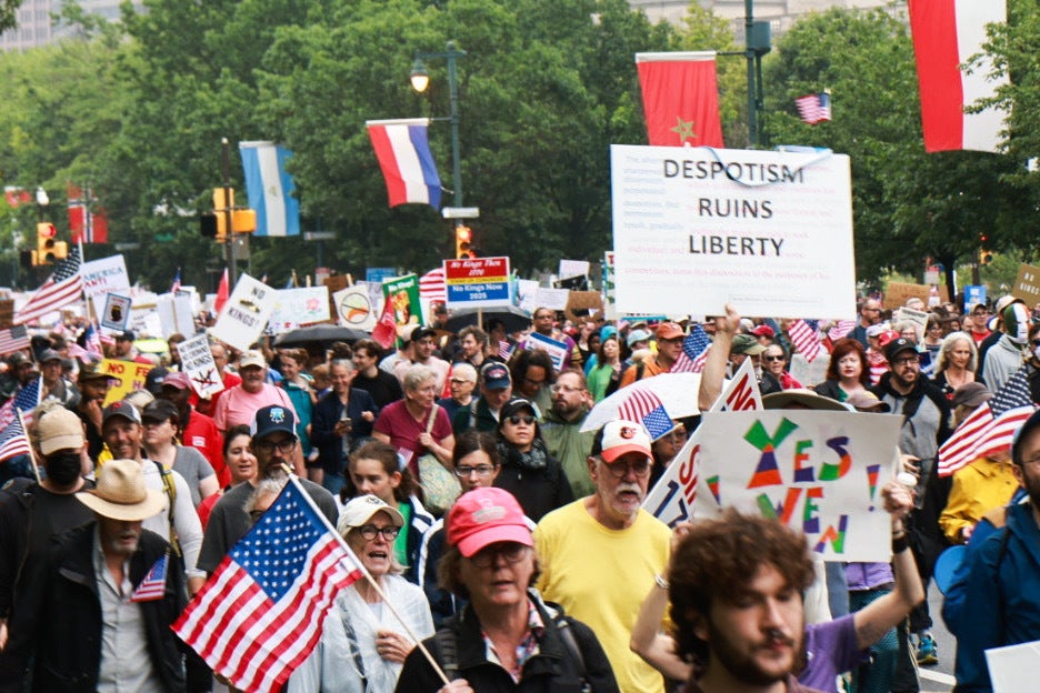 06 14 2025 k paynter no kings philadelphia protest-04 Protesters marched toward the Philadelphia Museum of Art during the No Kings event on June 14, 2025. (Kimberly Paynter/WHYY)