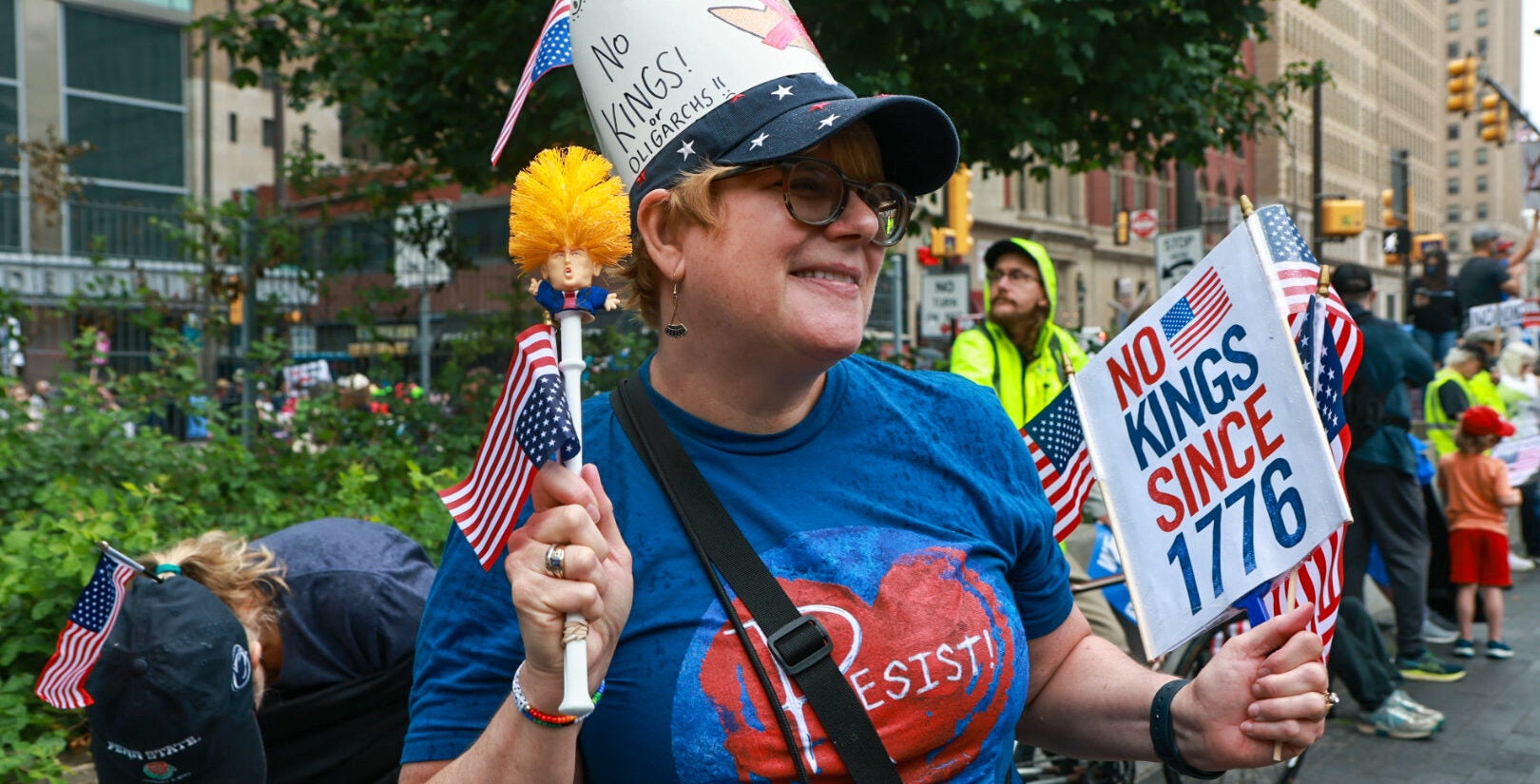 06 14 2025 k paynter no kings philadelphia protest-4 Beth Staab, of Lansdale, Pa., created a septor for the No Kings protest in Philadelphia on June 14, 2025. (Kimberly Paynter/WHYY)
