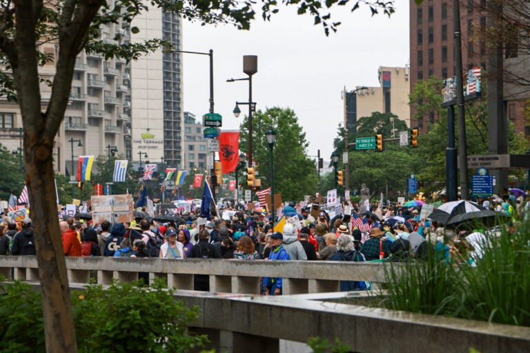 Protesters packed the Ben Franklin Parkway ahead of the No Kings protest on June 14, 2025. (Kimberly Paynter/WHYY)