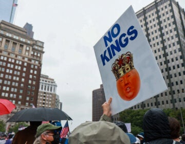 a sign says NO KINGS with Donald Trump's face