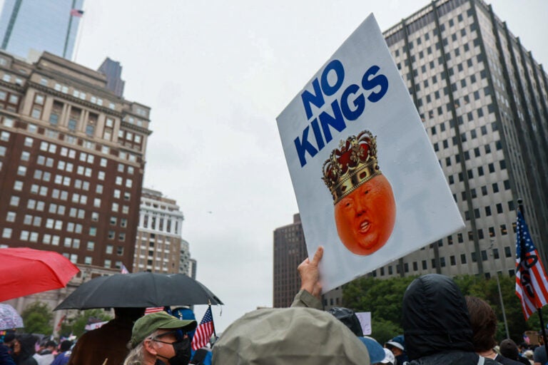 06 14 2025 k paynter no kings philadelphia protest-6 a sign says NO KINGS with Donald Trump's face
