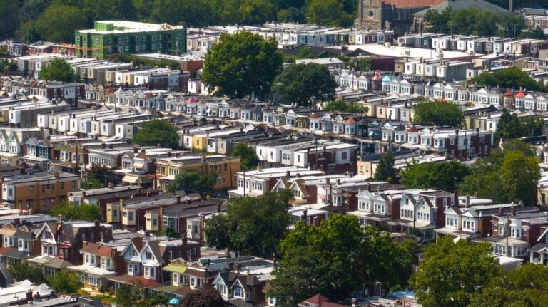 An aerial view of residential streets in West Philadelphia