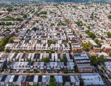 West Philadelphia row homes. (Kimberly Paynter/WHYY) An aerial view of residential streets in West Philadelphia