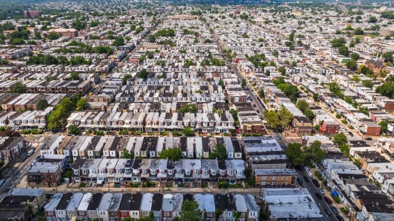 An aerial view of residential streets in West Philadelphia