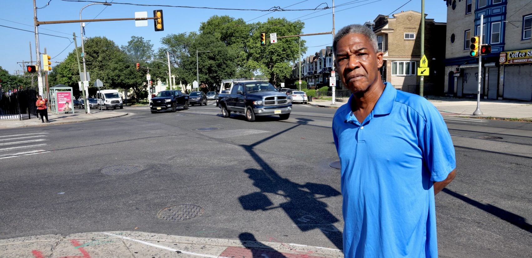 2025 06 25-e lee-rodney willis-philadelphia cobbs creek-dangerous intersection block captain Rodney Willis stands at the intersection where Baltimore Avenue, 58th Street and Cobbs Creek Parkway come together