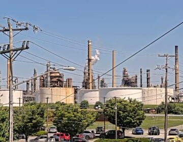 A screenshot of the DelDOT traffic camera livestream capturing the Delaware City Refinery