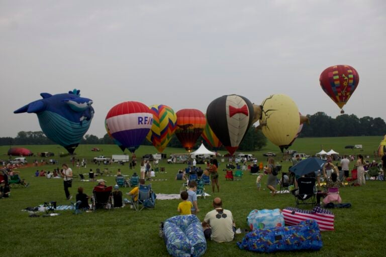 HAB LAWN Several hot air balloons sit on the ground at the Chester County Balloon Festival. (Davis Cuffe/WHYY)