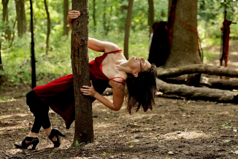 Dancers perform in the woods of the Schuylkill Center