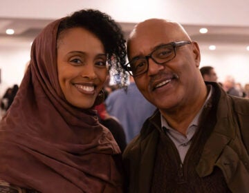 Playwright Antu Yacob and cast member Evander Duck Jr. at the InterAct Theatre media event for their play On My Deen