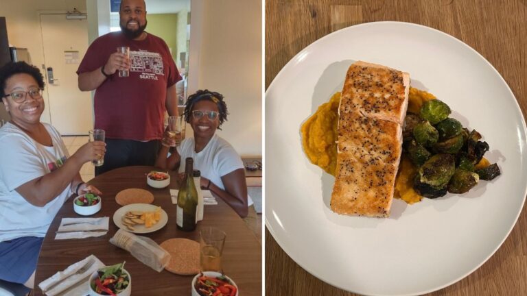 ben-abrams-npr-2025-06-19 Three people toasting with a drink at a table, and a closeup of the dinner plate.