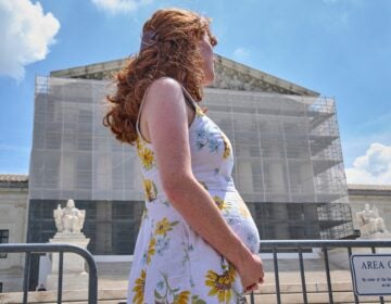 A pregnant U.S. citizen stands at a protest for birthright citizenship