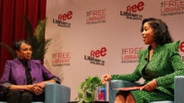 Carla Hayden, 14th Librarian of Congress, spoke with Ashley Jordan, president and CEO of the African American Museum in Philadelphia, at an event at the Free Library of Philadelphia Central Branch on June 28, 2025. (Emily Neil/WHYY)