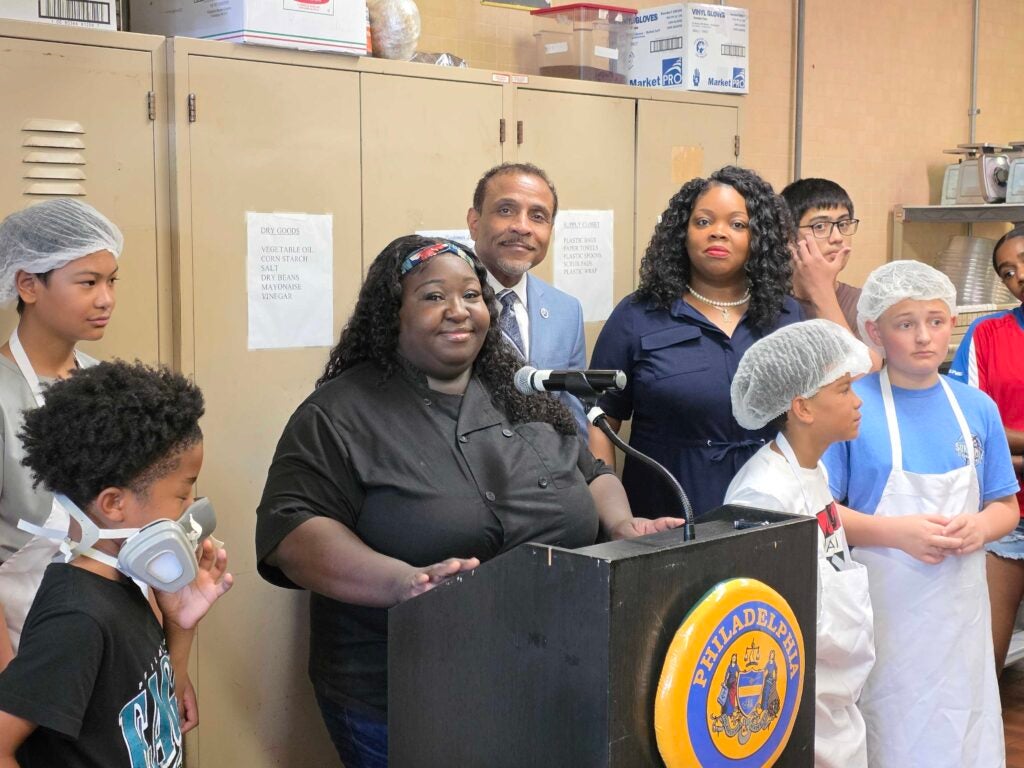 Teacher Jessica Lawyer speaks