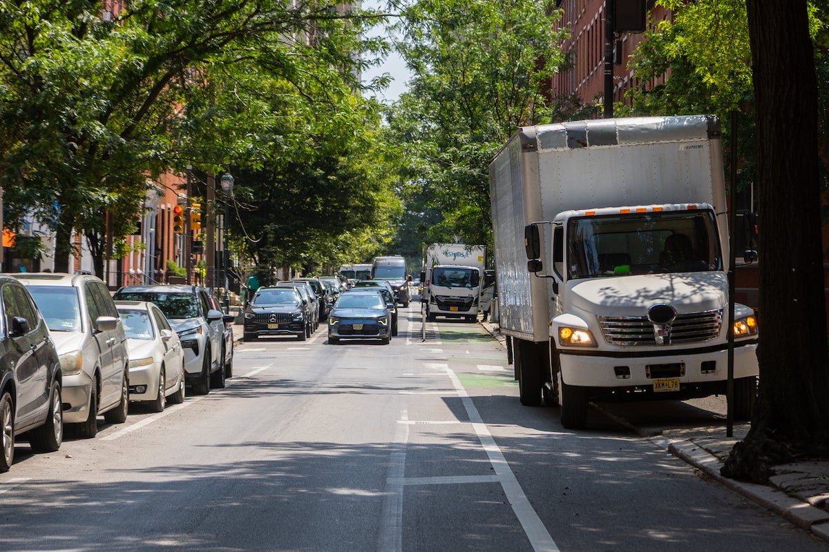 spruce-street-cc-loading-zones-KP-060425-07 Trucks parked in bike lane on Spurce Street