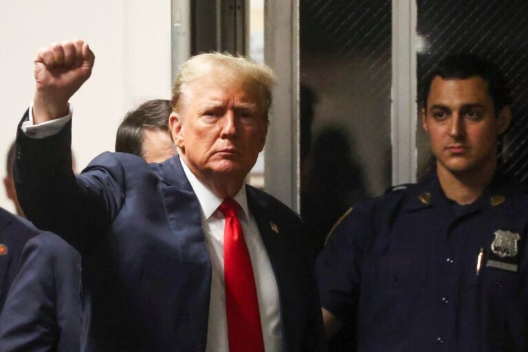 Election 2024 AI Misinformation Donald Trump raising a fist to supporters.