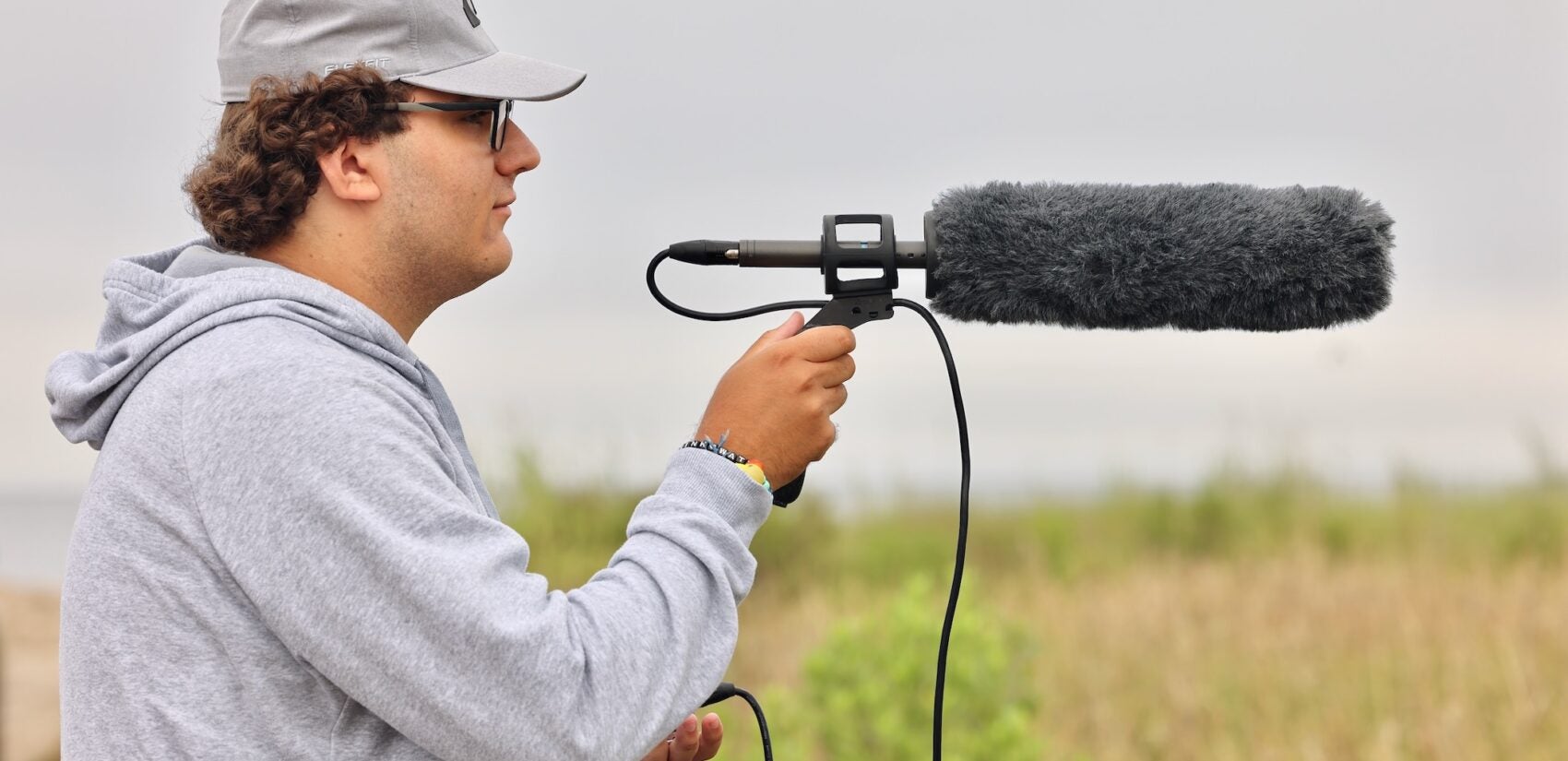 2025 06 09-e lee-nicolas buono-middle township nj cooks beach-seaside sparrow dialect microphone Nicolas Buono recording the songs of seaside sparrows