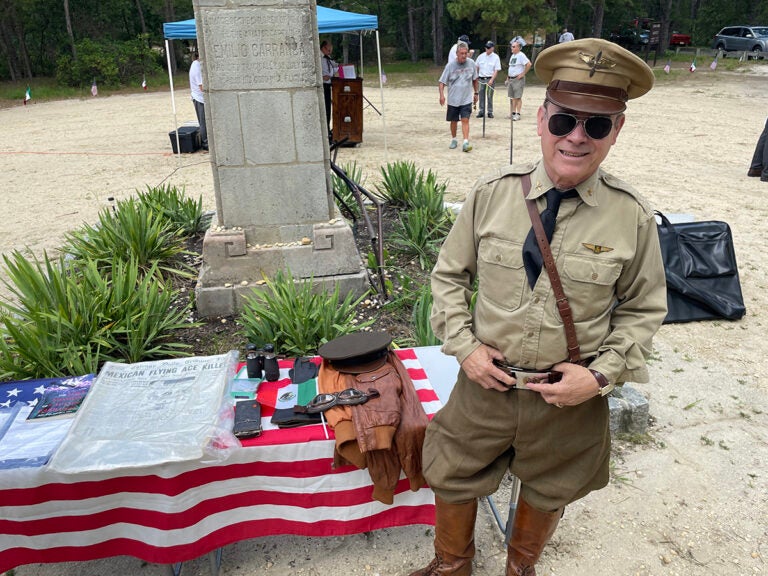 2025 07 12 k burns_Actor Peter Titus has been portraying Mexican fighter pilot Emilio Carranza for several years Actor Peter Titus stands next to items related to Emilio Carranza that he has collected while dressed like an fighter pilot from the era