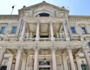 Looking up at the impressive building at the entrance of the State House