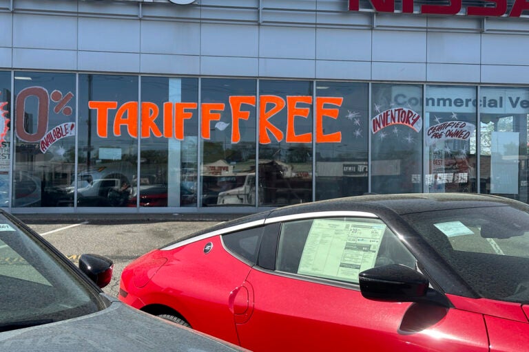 Trump Tariffs-Business Response A Tariff Free sign to attract vehicle shoppers is at an automobile dealership in Totowa, N.J., on April 30, 2025. (AP Photo/Ted Shaffrey)