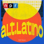 The podcast graphic/tile logo for Alt.Latino. The background has a geometric design with yellow and orange circles, and a blue and black background. The text 