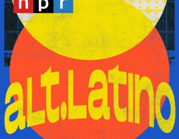 The podcast graphic/tile logo for Alt.Latino. The background has a geometric design with yellow and orange circles, and a blue and black background. The text 