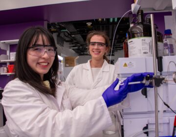 Scientists handle scientific equipment in a lab