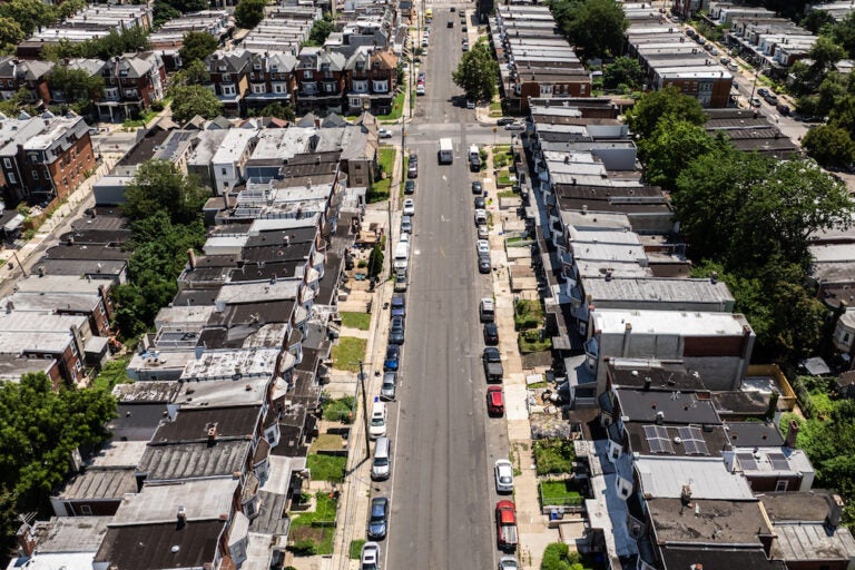 Properties on the 1100 and 1200 blocks of S 52nd Street in Southwest Philadelphia, aerial view