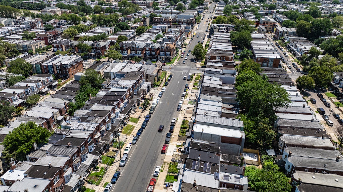 Properties on the 1100 and 1200 blocks of S 52nd Street in Southwest Philadelphia, aerial view
