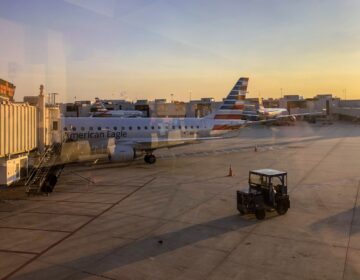 Airplane pulls up to a gate at Philadelphia International Airport