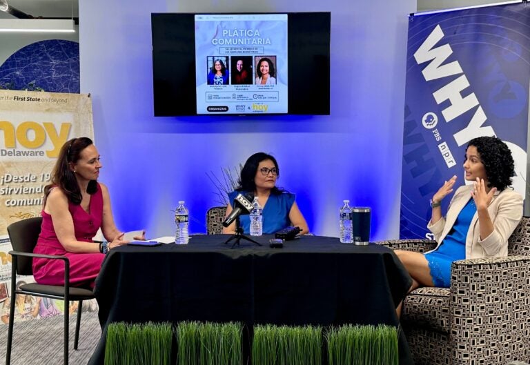 platica-comunitaria-delaware-2025 Moderator Virginia Esteban, therapist María Aguilar and assistant professor at the University of Delaware Franssy Zablah speak at the event