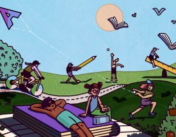 A whimsical illustration shows a park full of people. Two sit on a seesaw made from a giant ruler. One flies a kite in the shape of the letter 'A.' Two more sunbathe atop a book the size of a blanket. A batter swings an enormous pencil to hit a ball. A bicyclist pedals on a path marked with the alphabet.