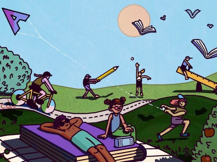 A whimsical illustration shows a park full of people. Two sit on a seesaw made from a giant ruler. One flies a kite in the shape of the letter 'A.' Two more sunbathe atop a book the size of a blanket. A batter swings an enormous pencil to hit a ball. A bicyclist pedals on a path marked with the alphabet.