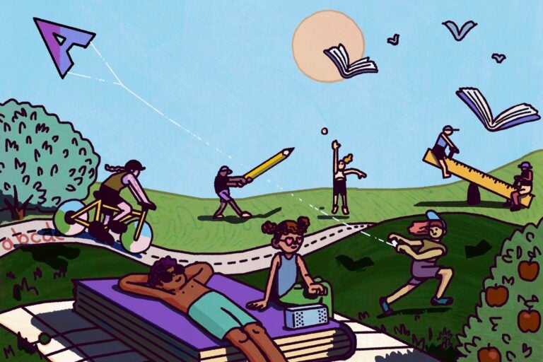 A whimsical illustration shows a park full of people. Two sit on a seesaw made from a giant ruler. One flies a kite in the shape of the letter 'A.' Two more sunbathe atop a book the size of a blanket. A batter swings an enormous pencil to hit a ball. A bicyclist pedals on a path marked with the alphabet.