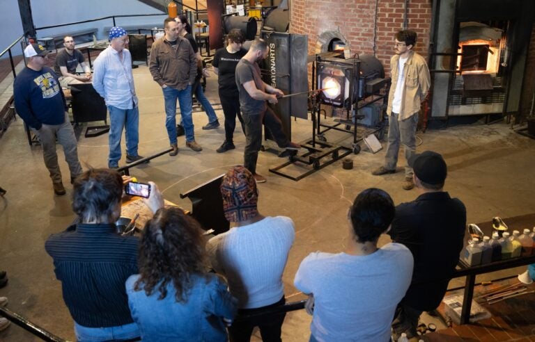 wheatonarts-glass-blowing-class A class at WheatonArts gets a lesson on glass blowing