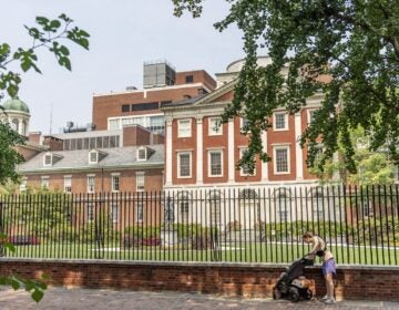 A woman pushing a stroller down the street in front of a large historical building