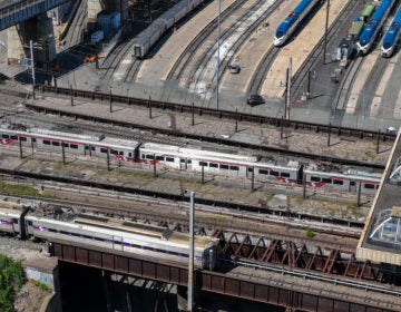 08 22 2025 k paynter SEPTA aerials 30th Street station-6 SEPTA regional rail trains entering and exiting 30th Street station in Philadelphia.