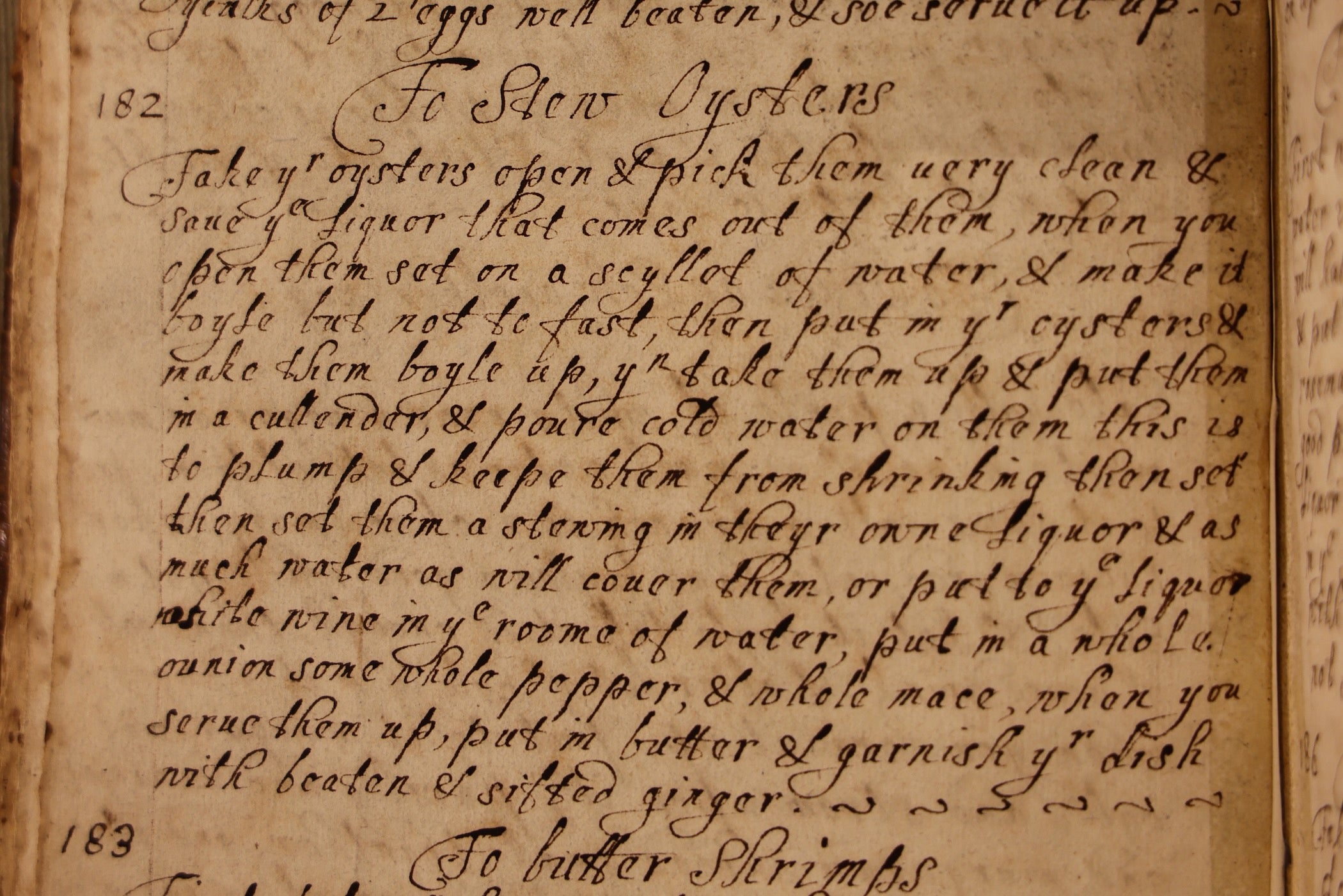 A page from Martha Washington's cookbook on how to stew oysters