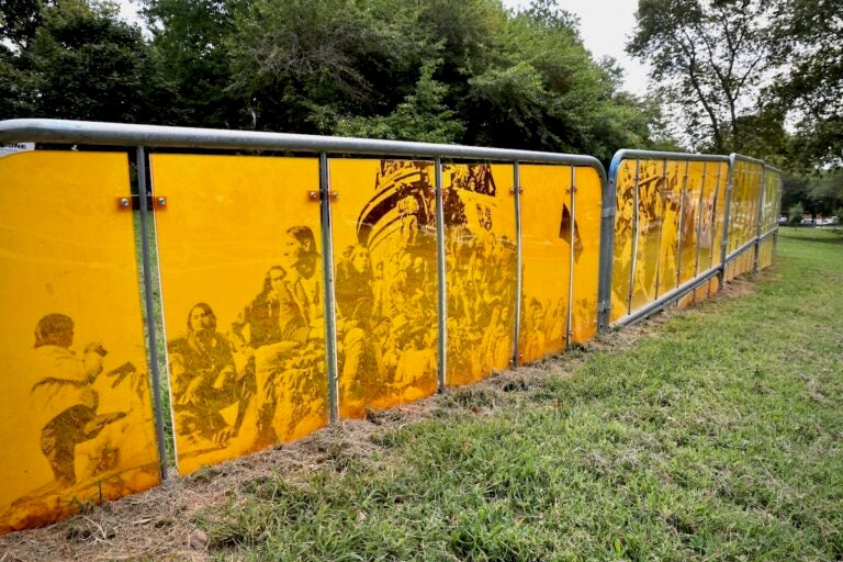 Police barricades displayed as apart of Nicolo Gentile's ''Bar None'' installation