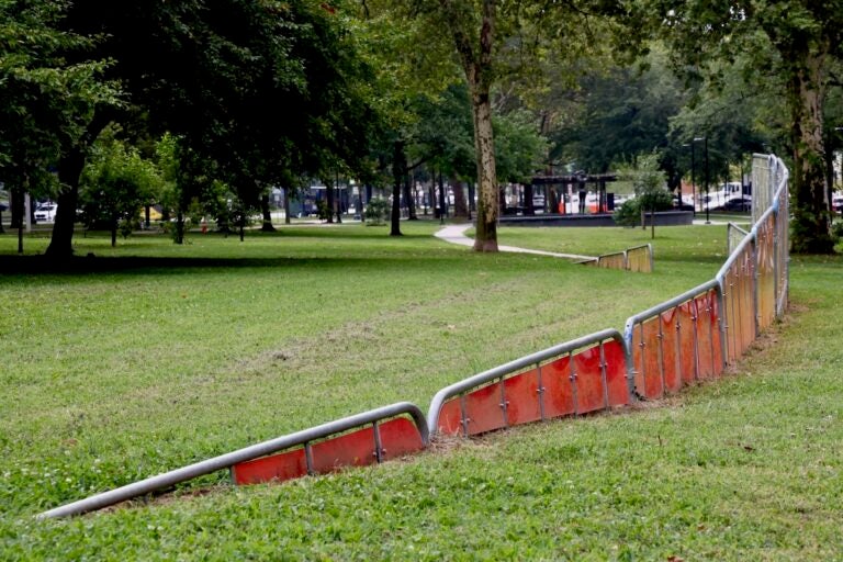 Police Barricades at Maja Park in Nicolo Gentile's installation, ''Bar None,''