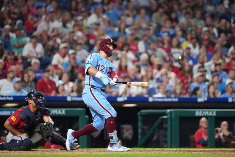 Braves_Phillies_Baseball_25241007829847 Kyle Schwarber watches after hitting a two-run home run